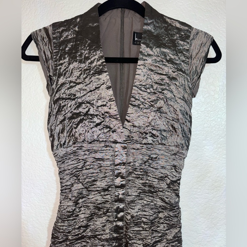 Nicole Miller size 6 shiny dark grey runched midi dress - Picture 2 of 9